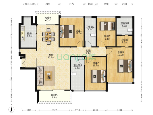 天健天骄南苑  4室1厅3卫 168平方