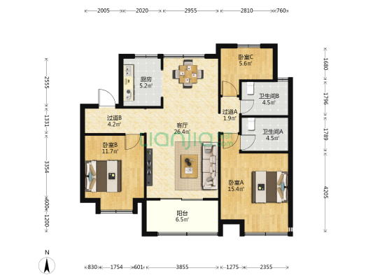 河晏小区 3室1厅2卫 114平方