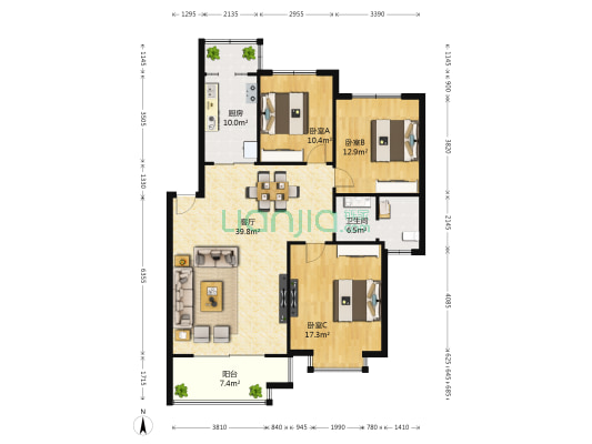 都市未来花园 3室1厅1卫 117平方