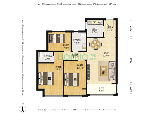 亚星福邸 3室1厅2卫 104平方