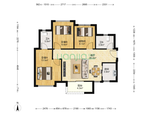 万科金域名都 2室1厅2卫 88平方