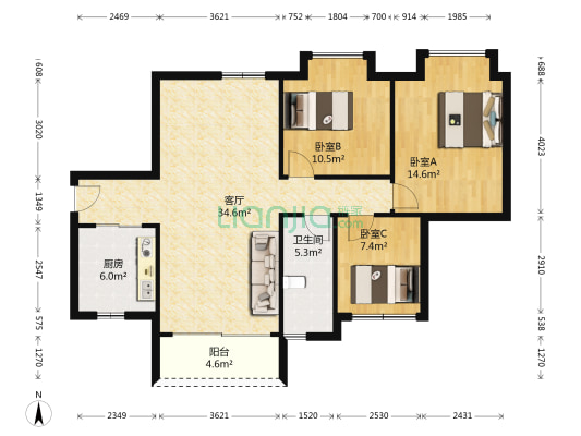 美的时代城 3室1厅1卫 97平方