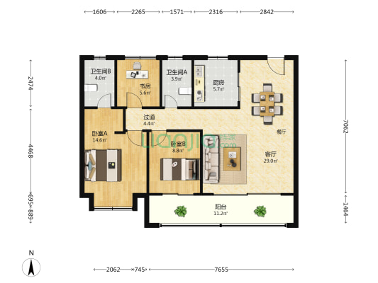 建发鸿璟园 3室1厅2卫 123平方