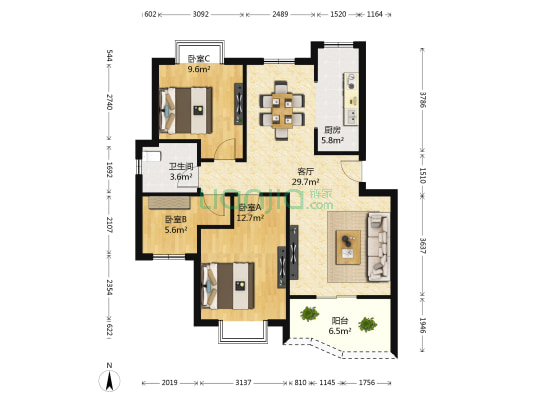 康桥绿城 3室1厅1卫 87平方