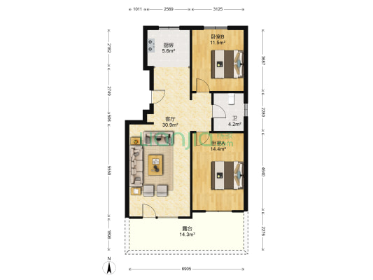 路弘阳光铭苑 2室1厅1卫 87平方