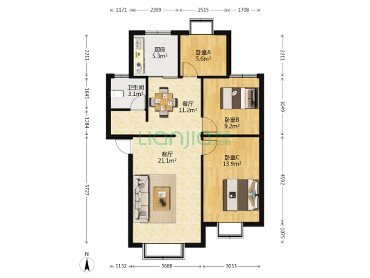 昆明电缆厂生活区 3室2厅1卫 88平方