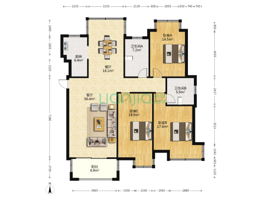 凤凰星城 3室2厅2卫 136平方