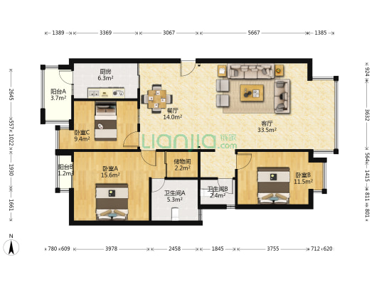 凤凰城 3室2厅2卫 137平方