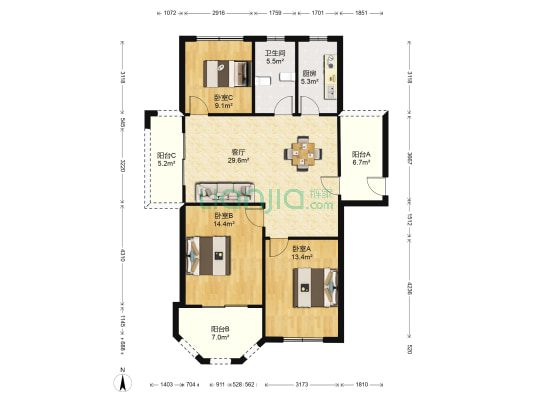 中成河滨花园 3室1厅1卫 132平方