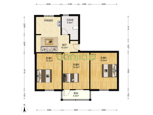 化工新村 3室1厅1卫 91平方