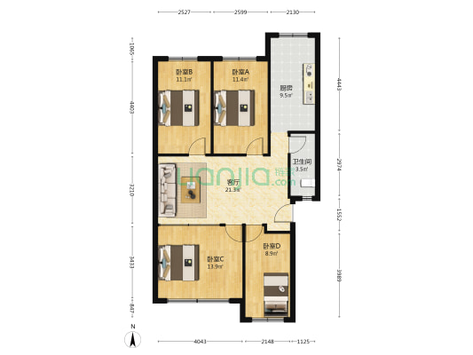 建设集团宿舍 4室1厅1卫 103平方