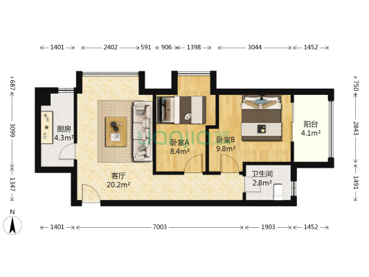 升龙国际天玺二号院 2室1厅1卫 68平方