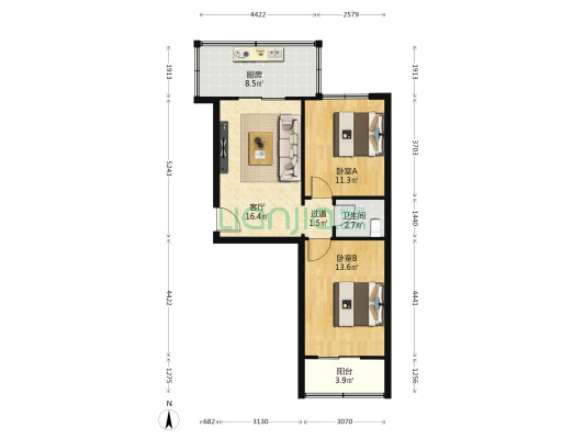 西安市长乐公园住宅楼 2室1厅1卫 65平方