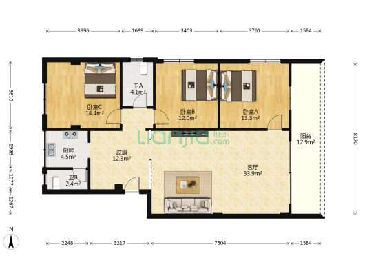 旋城楼 3室1厅2卫 128平方