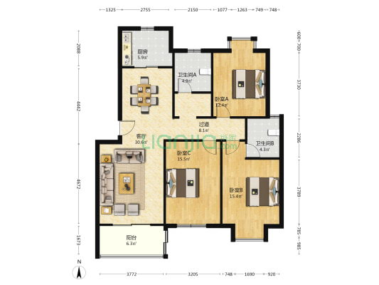 锦华家园 3室1厅2卫 122平方