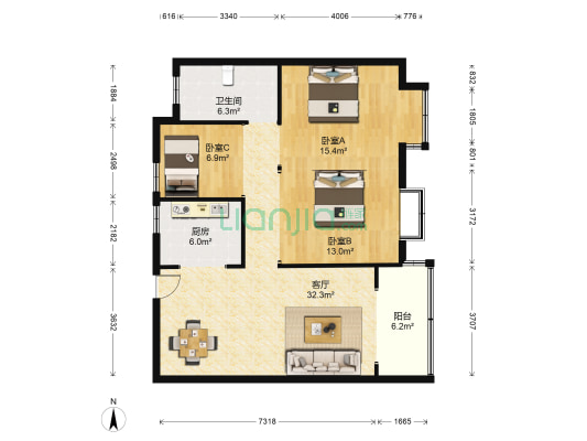 欧堡利亚臻园 3室1厅1卫 109平方