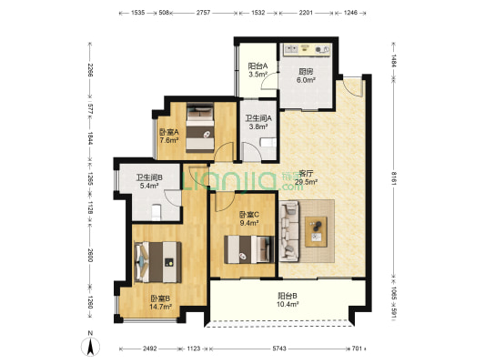 越秀岭南山畔 3室1厅2卫 111平方