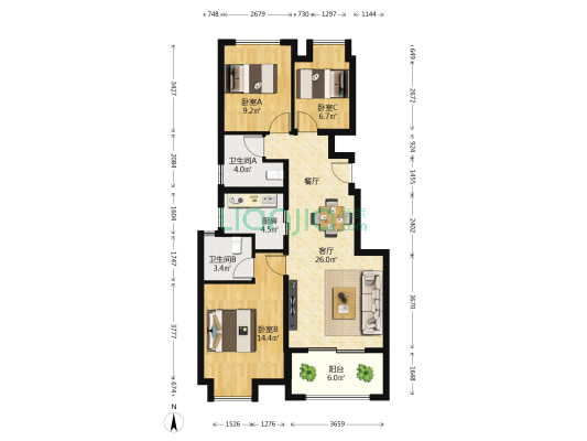 国贸学原 3室1厅2卫 98平方