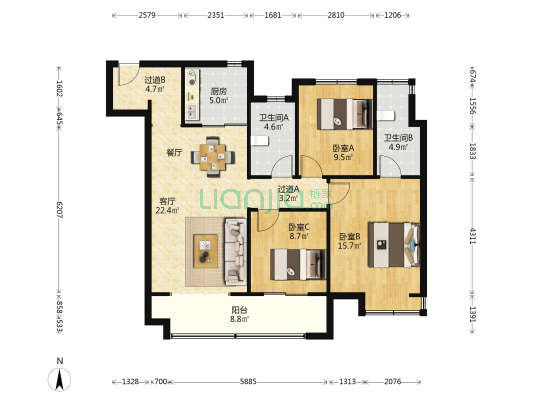 四季风华 3室1厅2卫 115平方