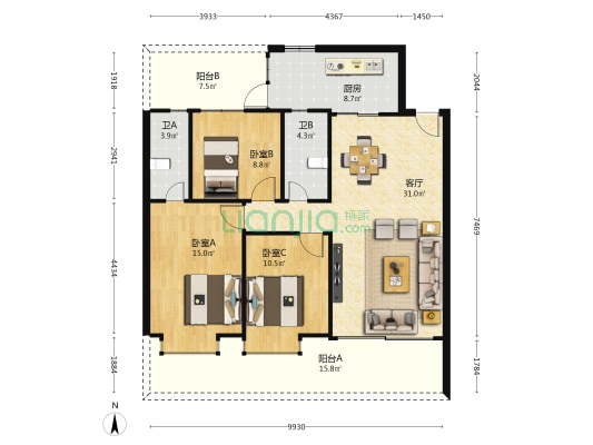 永利家园 3室1厅2卫 109平方