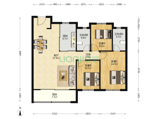 龙湖天璞 3室1厅2卫 126平方