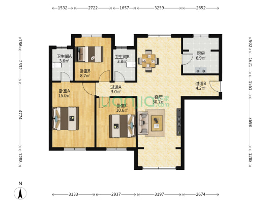 揽湖郡 3室1厅2卫 116平方
