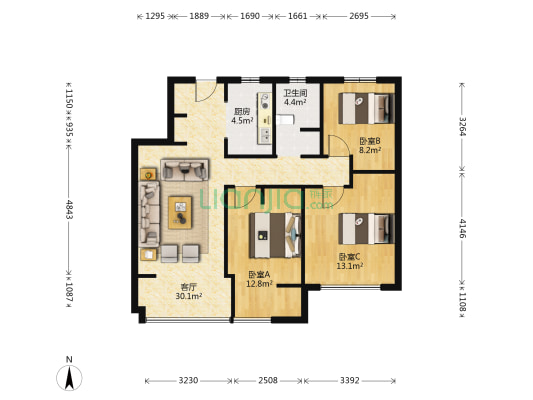 时光悦酩公寓 3室1厅1卫 89平方