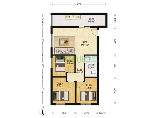 北京城建畅悦居A区 3室1厅1卫 89平方