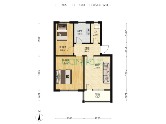 青纸宿舍 2室1厅0卫 62平方
