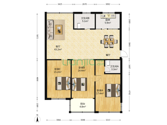 虞波北园 3室1厅2卫 132平方