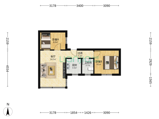 和平大酒店 2室1厅1卫 43平方