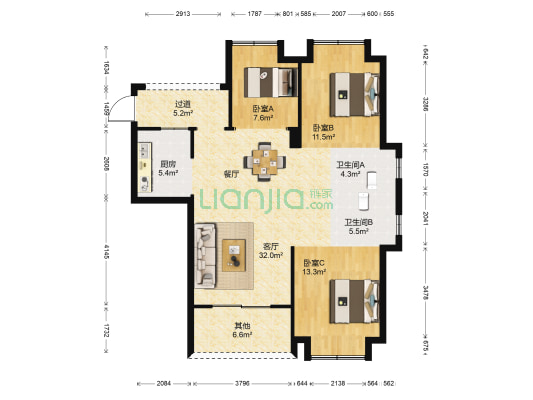 贵安新天地贵锦苑 3室1厅2卫 103平方
