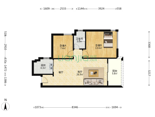 西城公馆 2室1厅1卫 84平方