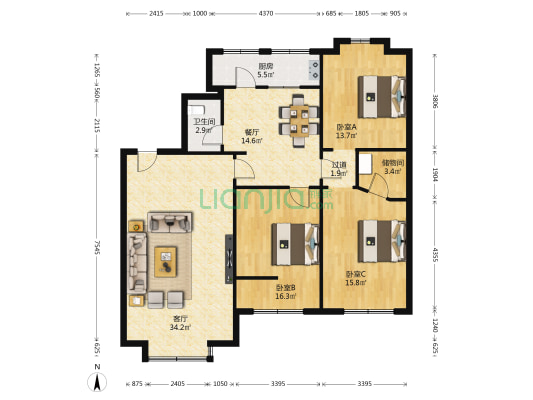 万和南区 3室2厅1卫 139平方