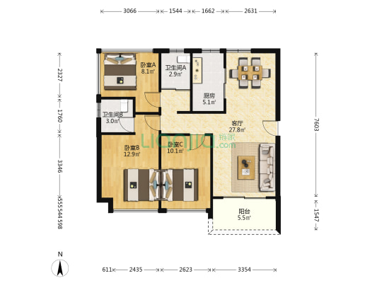 碧桂园盛汇 3室1厅2卫 96平方