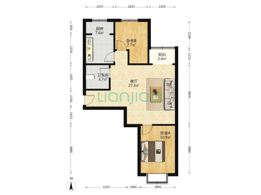 松林店电梯房 全南两居带装修 出行方便-户型图