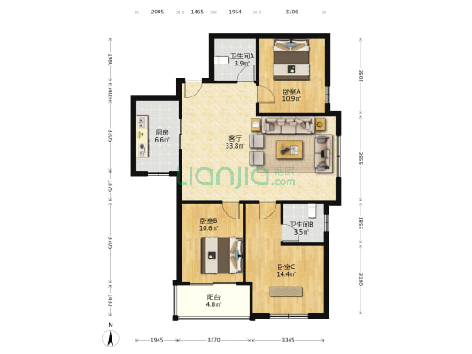 和平家园 3室1厅2卫 121平方