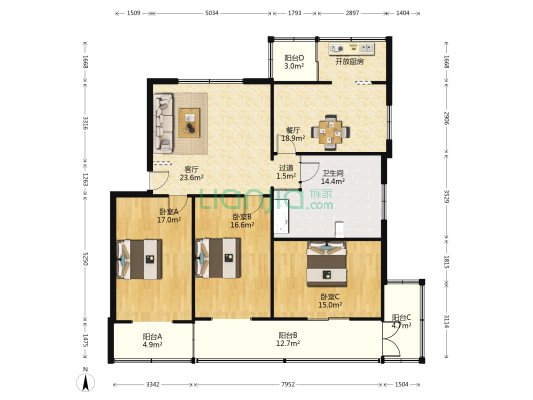 37中新开路 3室2厅1卫 136平方