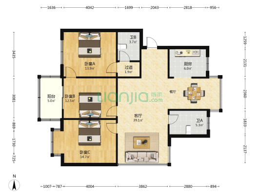 云川名都 3室1厅2卫 120平方