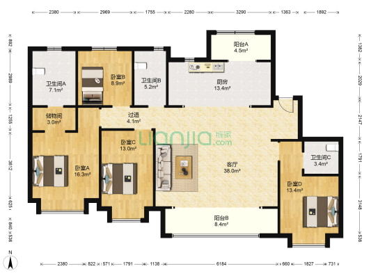万达天玺 4室1厅3卫 190平方