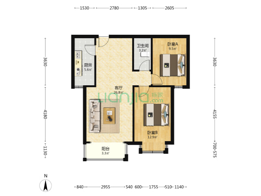 朝南两居，中间楼层，户型好，房本满五。-户型图