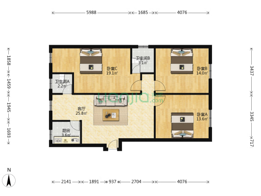 成中生活小区三室两厅户型方正采光好环境舒适-户型图