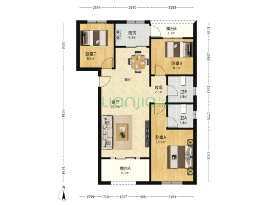 建投时光 3室1厅2卫 103平方