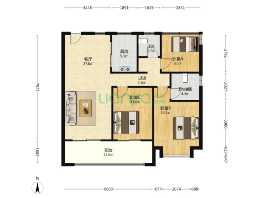 合肥璟园二期 3室1厅2卫 125平方