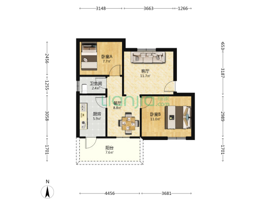 花侨商业街南一路 2室2厅1卫 52平方