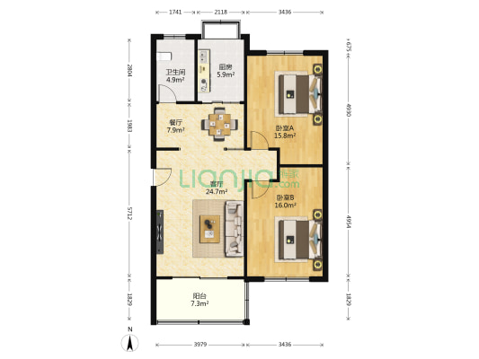 中德花园 2室2厅1卫 105平方