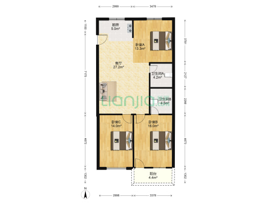 盛西家园 3室1厅2卫 102平方