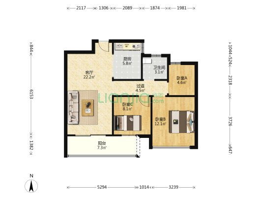 印象江南花园一期 3室1厅1卫 92平方