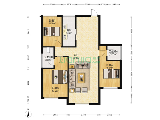 龙都尚品 3室1厅2卫 115平方