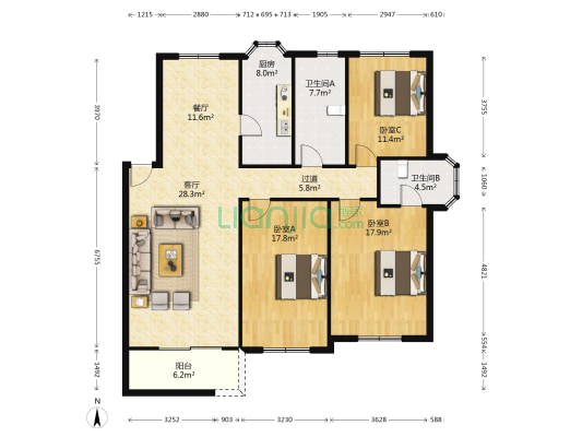 阳光绿园 3室2厅2卫 143平方